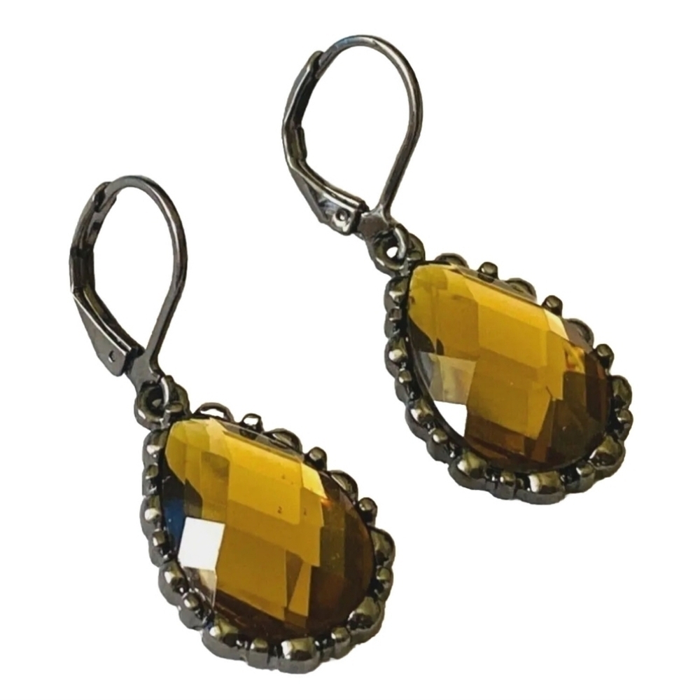 Vintage Joan Rivers Champagne Faceted Teardrop Cabochon Leverback Earrings